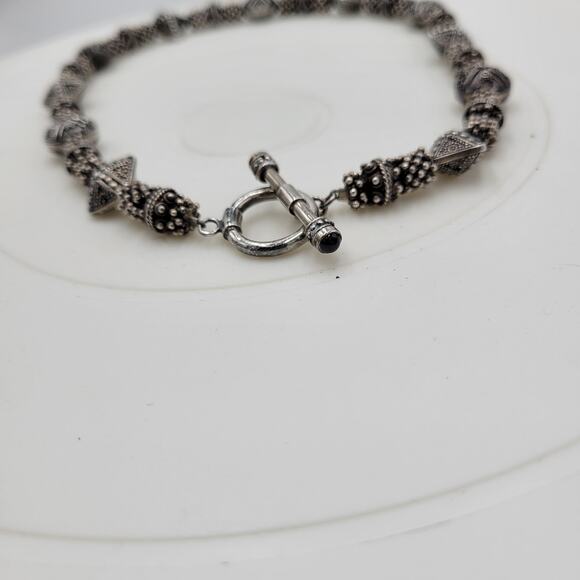 Vintage 925 Granulated Silver Bead Necklace 17" Heavy Gem Stone Toggle‎ Handmade - Picture 4 of 12